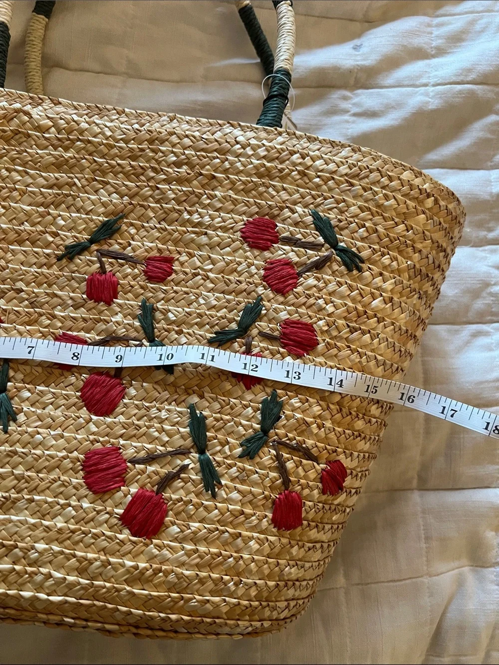 Embroidered Cherry Straw Tote - Natural/Red